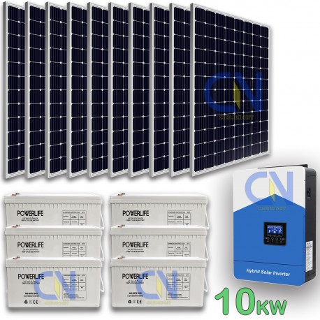 KIT FOTOVOLTAICO 10KW GIORNALIERO INVERTER IBRIDO ONDA PURA MPPT 100 AMPERE PANNELLO ENERGIA BATTERIA 1800 AH